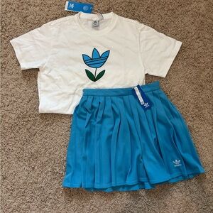Adidas White Tee and Blue Pleated Skirt